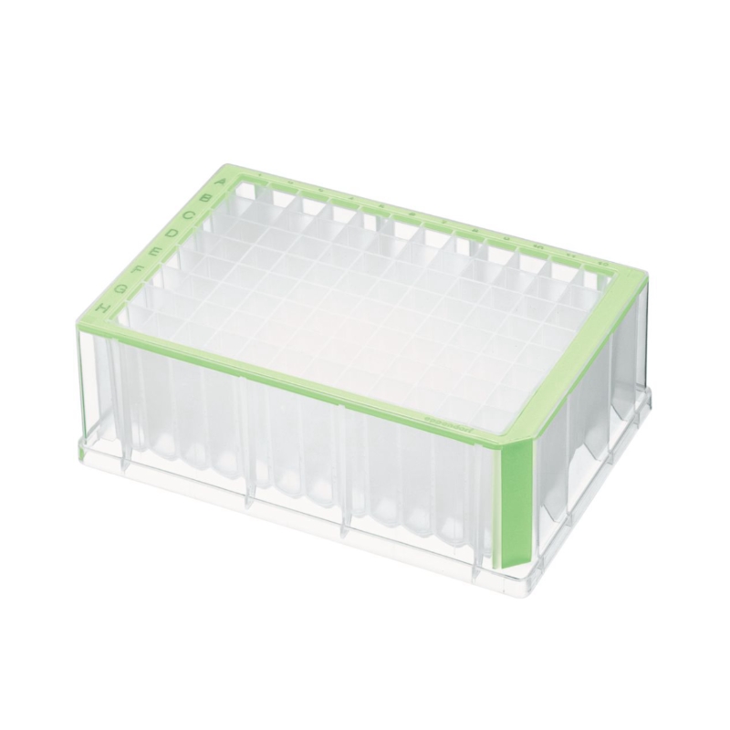 Планшеты глубоколуночные 96 лунок, сертифицированы на отсутствие ДНКаз, РНКаз, ингибиторов ПЦР, объём лунки 2,0 мл, стерильные, цвет рамки зелёный, 20 шт/уп